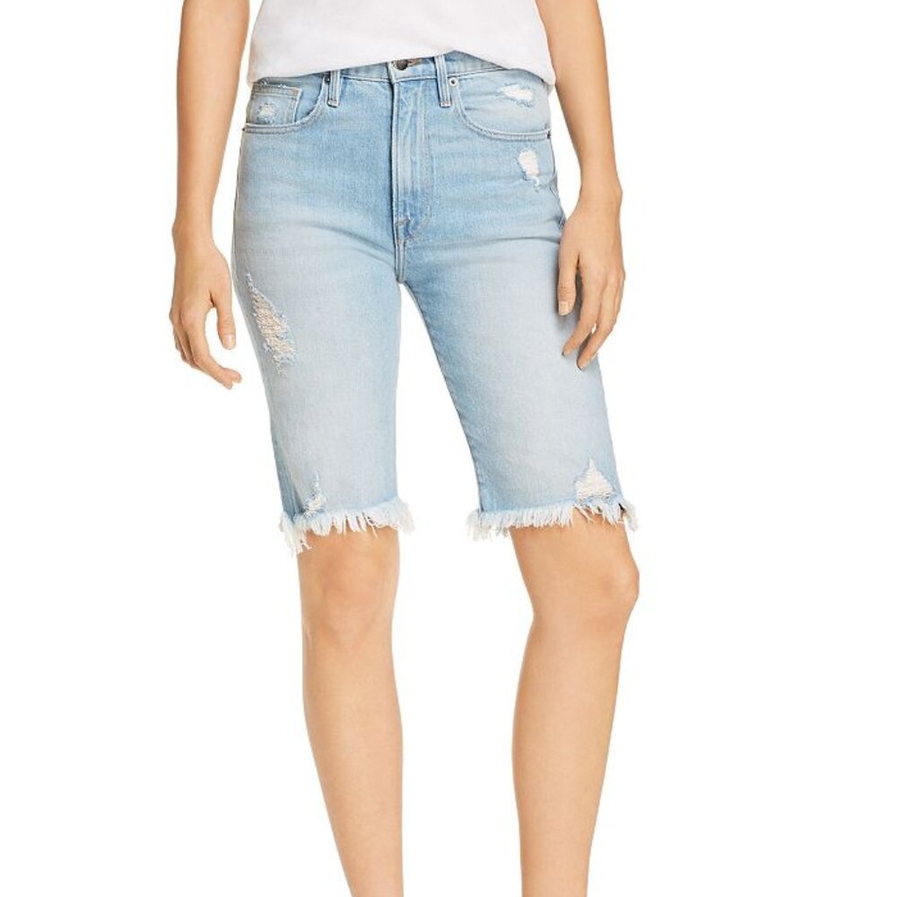 FRAME Denim Vintage Bermuda High Rise Frayed Distressed Shorts in Palais